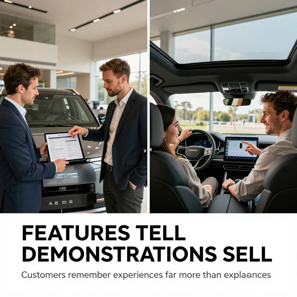 Sales executive guiding a customer through a physical vehicle demonstration